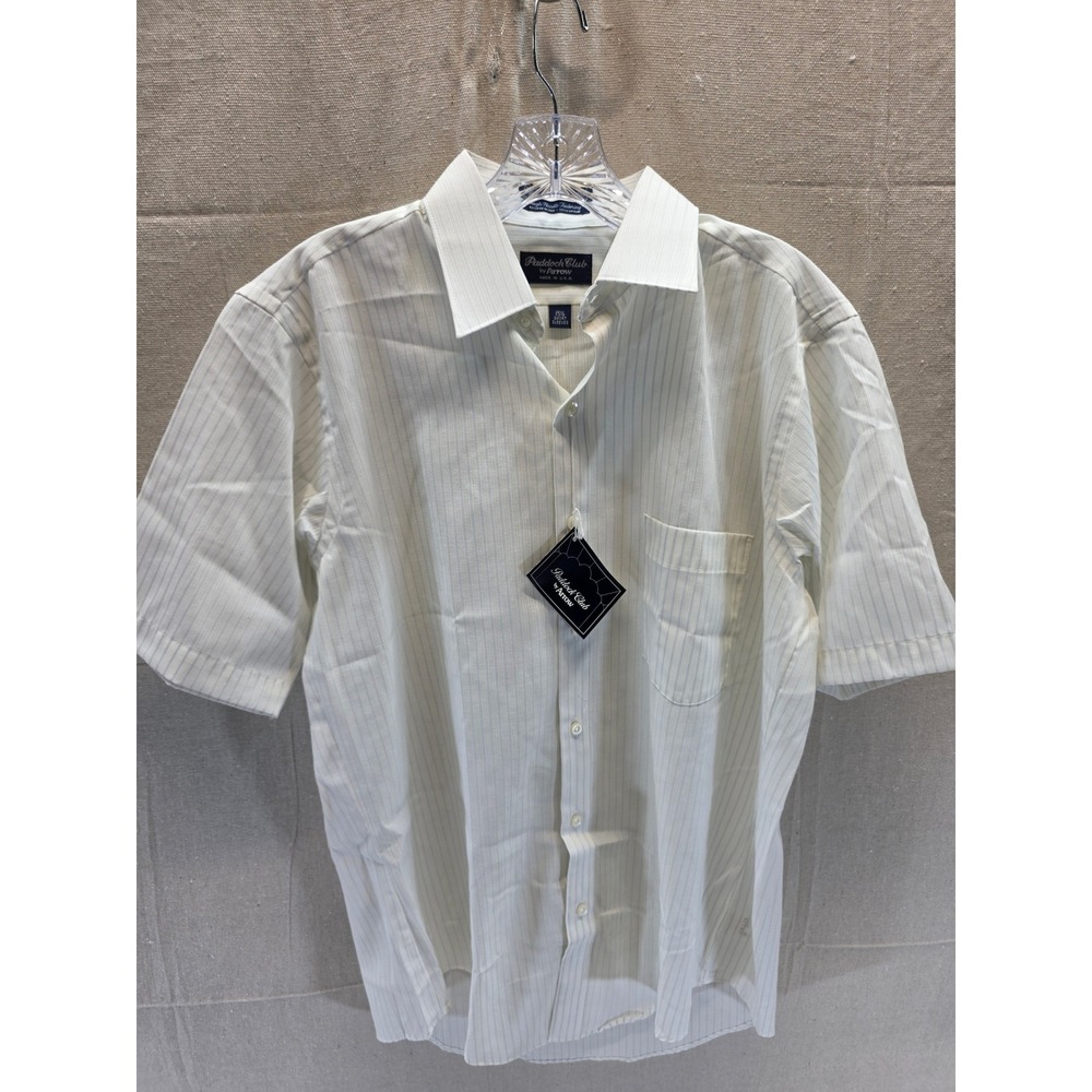 Paddock Club by Arrow Men White Blue Pinstripe Short Sleeve Button Up Shirt 15.5